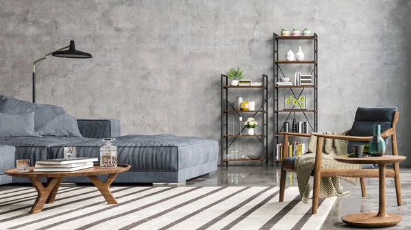 Daire, ev, ofis, rahat kanepe, parlak modern iç dekorasyon ve yansıması olan beton bir duvarın ve zeminin arka planındaki pencereden yansıyan ışık modern iç dekorasyon..