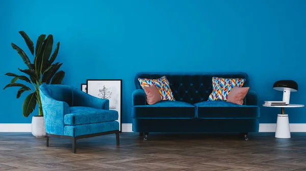 现代简约室内设计 办公室 蓝墙概念 老式扶手椅 沙发铺在地板上 — 图库照片