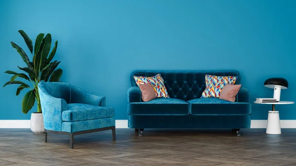 Modern minimalist iç tasarım oturma odası, ev, ofis, otel, mavi duvar konsepti, parke zemininde kanepesi olan klasik koltuk