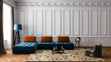 Modern bir oturma odası, daire, ofis, mavi bir koltukta parlak turuncu yastıklar, taze çiçekler ve klasik bir duvarın beyaz arka planında modern iç dekorasyon..