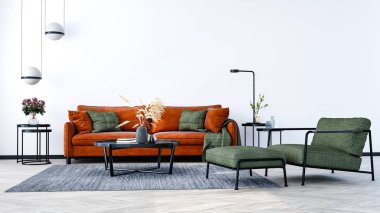 Ev, ofis, parlak turuncu kanepe, taze çiçekler ve beyaz arka planda modern iç mekan detayları..