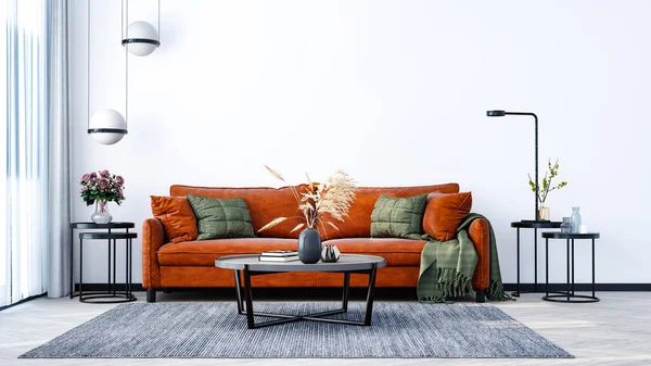 Moderne Indretning Stue Indendørs Lejlighed Hjem Kontor Lyse Orange Sofa - Stock-foto