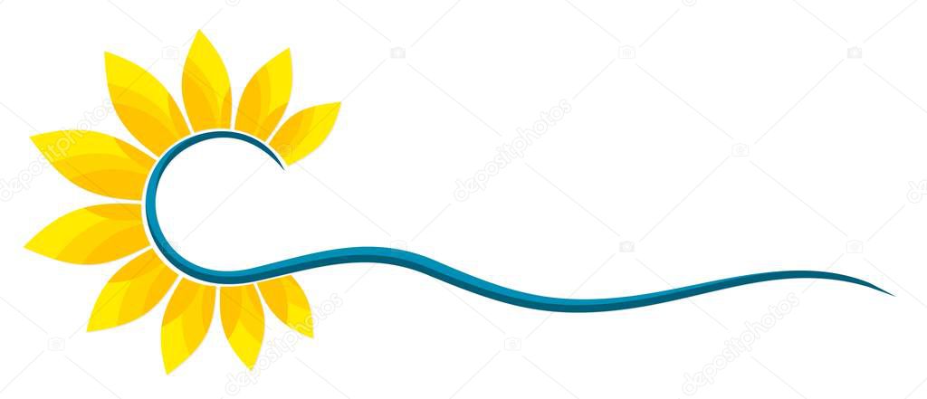 A logo of dawn of the sun with a blue wave.