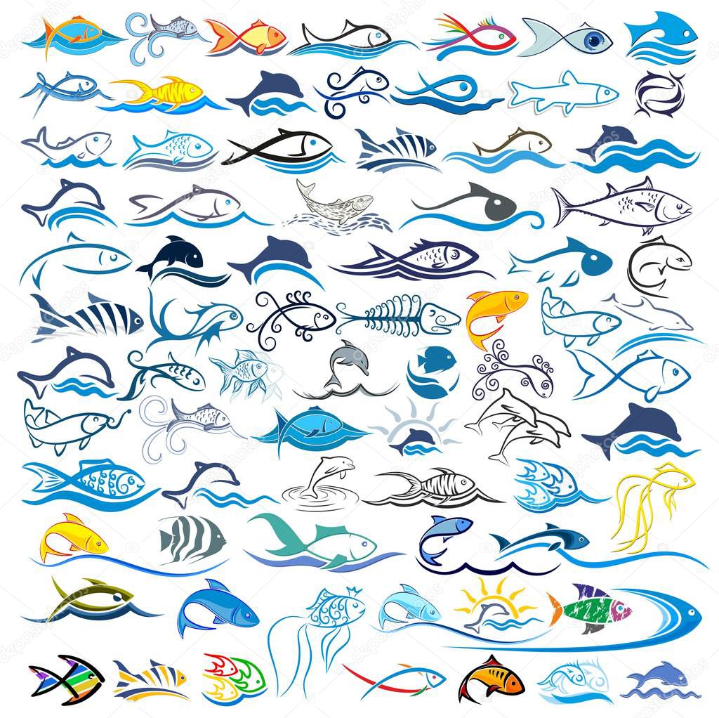 A set of logo of the stylized fishes.