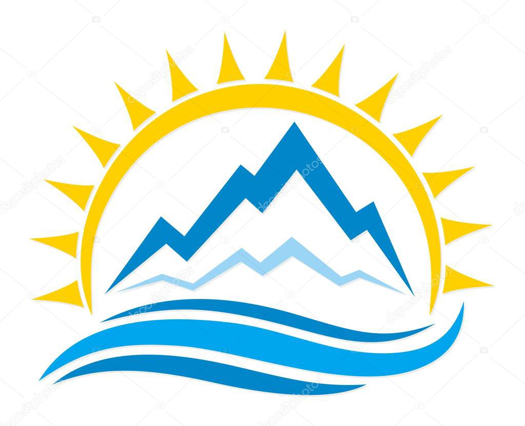 A sunset logo with snow mountains.