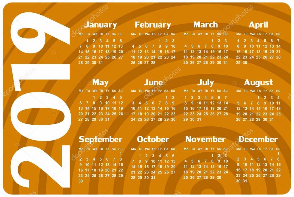 A calendar template for a year 2019.