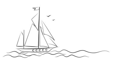 Deniz kuşları ile bir yelkenli kroki.