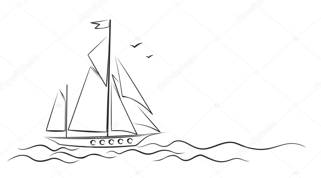 A sailboat sketch in the sea with birds.