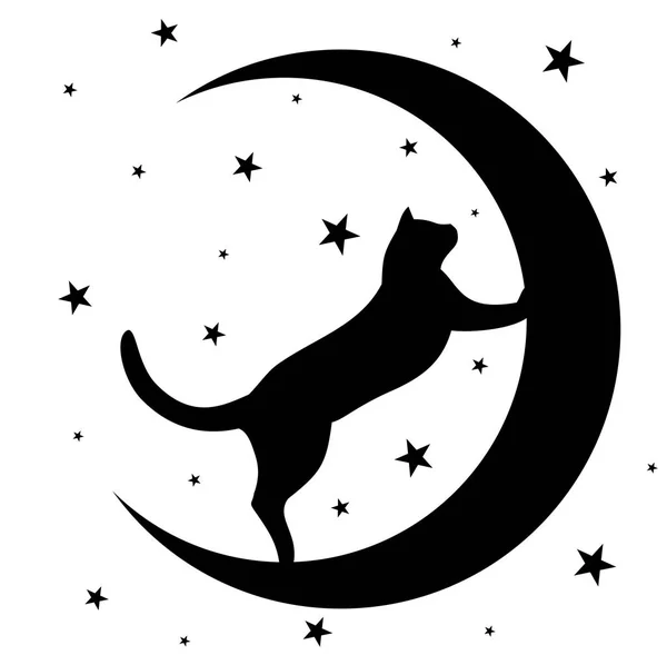 Silhouette Black Cat Moon Stars — Stock Vector