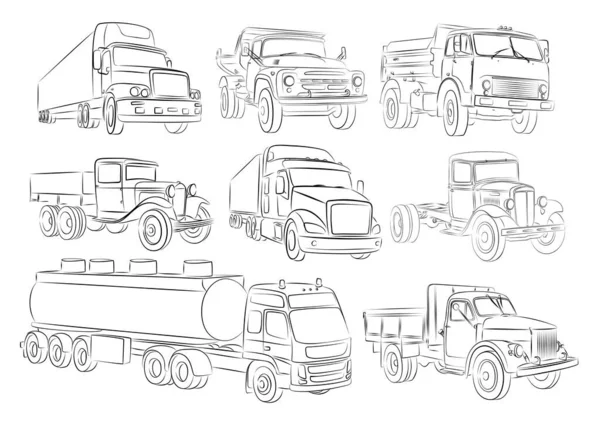 Grande Set Schizzo Camion — Vettoriale Stock