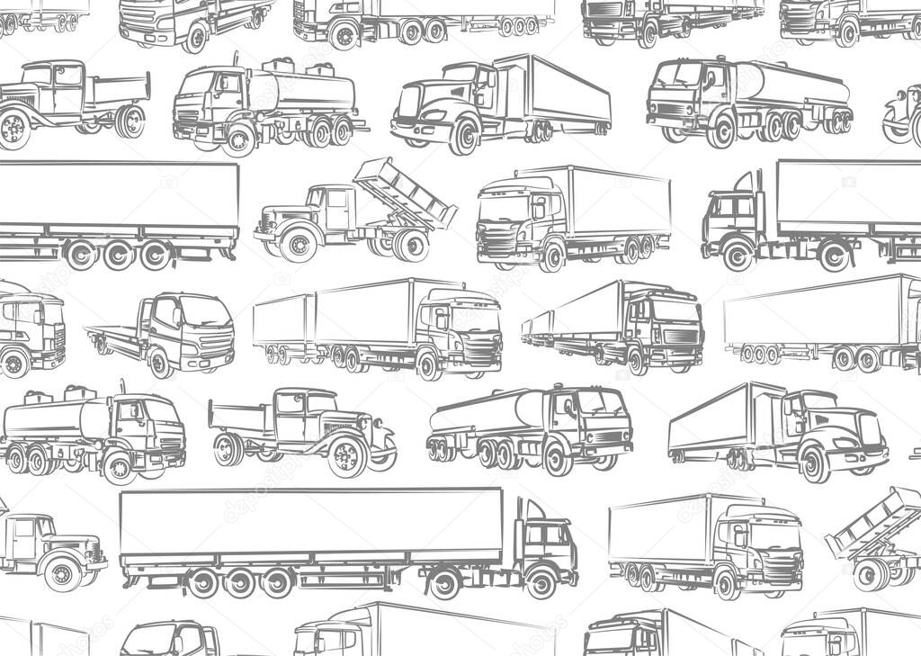 Seamless background with truck sketches.