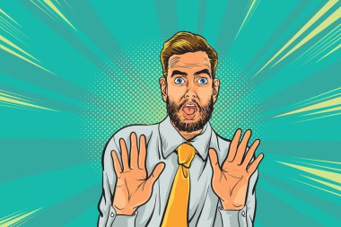 surprised man businessman and hand up worried Pop art retro vect