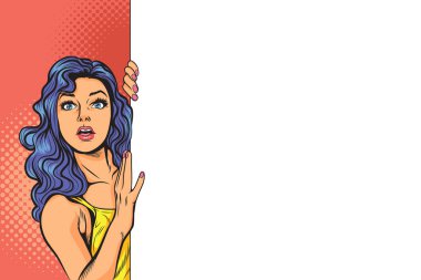 surprised pretty woman gesture presenting something