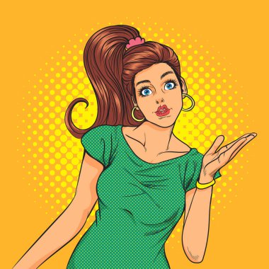 surprised pretty woman gesture presenting something