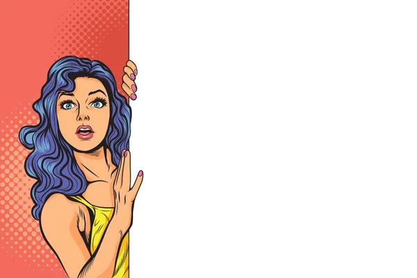 surprised pretty woman gesture presenting something