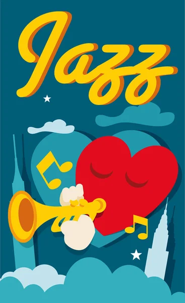 Cartoon cuore jazz trombettista — Vettoriale Stock