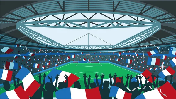 Stadio di calcio con i tifosi che sventolano bandiere — Vettoriale Stock