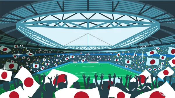 Stadion piłkarski z fanami wymachując flagami — Wektor stockowy