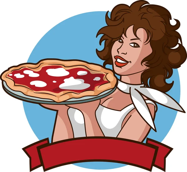 Bela Mulher Servindo Pizza — Vetor de Stock