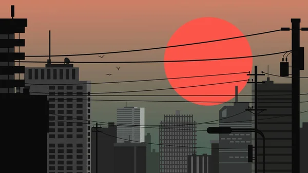 Şehir Manzarası Büyük Kırmızı Bir Güneşin Arka Planına Karşı Gün — Stok Vektör