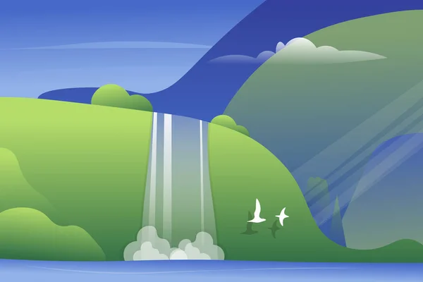 Mountain landscape with a waterfall and birds. Vector illustration.