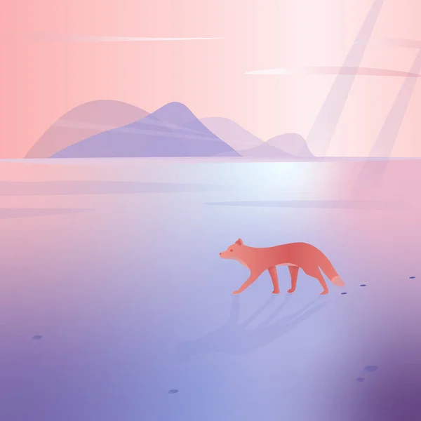 Verschneite Landschaft Mit Bergen Hintergrund Der Fuchs Wandert Schnee Vektorillustration — Stockvektor