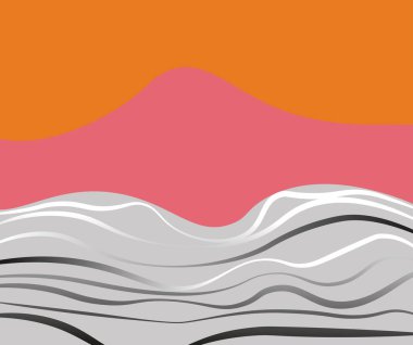 Dağları, denizi ve dalgaları olan soyut, parlak bir manzara. Vektör illüstrasyonu.