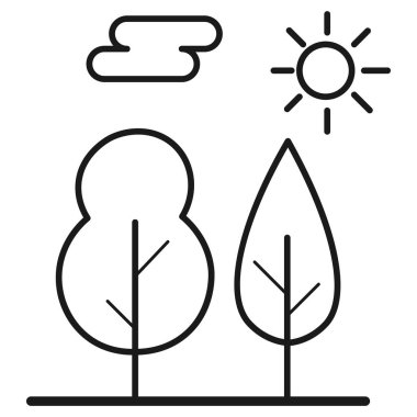 Ekolojik ikon. Ağaçlı ve güneşli bir manzara. Beyaz arka planda izole edilmiş. Vektör illüstrasyonu.