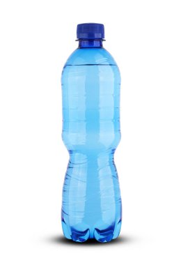 Mavi küçük şişe, maden suyu.