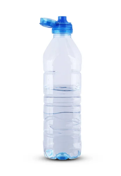 Garrafa aberta de plástico com água mineral meio cheio — Fotografia de Stock