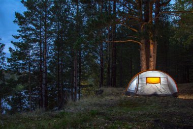 Tura Nehri yakınında şehir Tyumen bulunan Batı Sibirya, Rusya üzerinde bir ormanda kamp