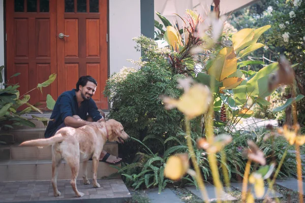 A man with dogs sits on the porch of a house in a tropical garden