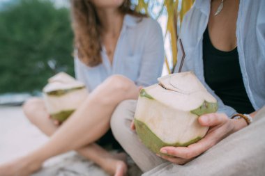Yeşillik arka planında taze hindistan cevizi olan ellerin yakın çekimi