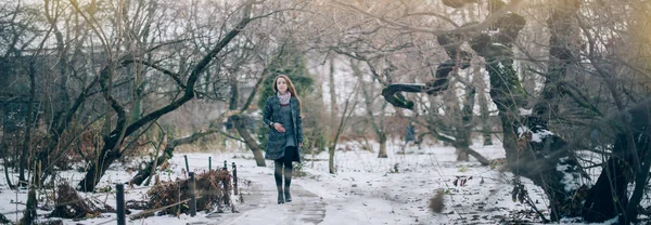 Een Jonge Vrouw Wandelingen Een Park Van Winter Mooi Meisje — Stockfoto