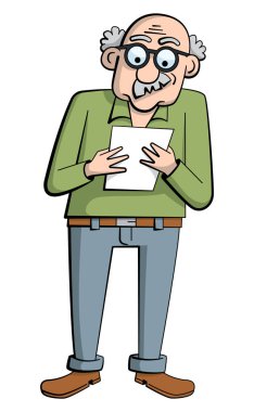 Gözlüklü ve kağıt parçasından bir şeyler okuyan yaşlı bir adamın karikatür tarzı çizimi. Kafası kel ve bıyığı var..