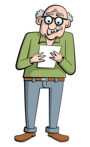 Cartoon style illustration of an old man with glasses holding and reading  something from a piece of paper. His head is bald and he has a moustache. -  Stock Image - Everypixel