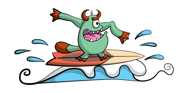 卡通风格的图画描述了一个可爱的海怪在波浪中冲浪的情景 它是快乐的 — 图库矢量图片