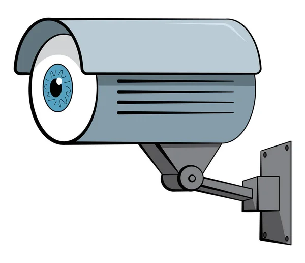 Cartoon style illustration of a security camera with an eye instead of a le...
