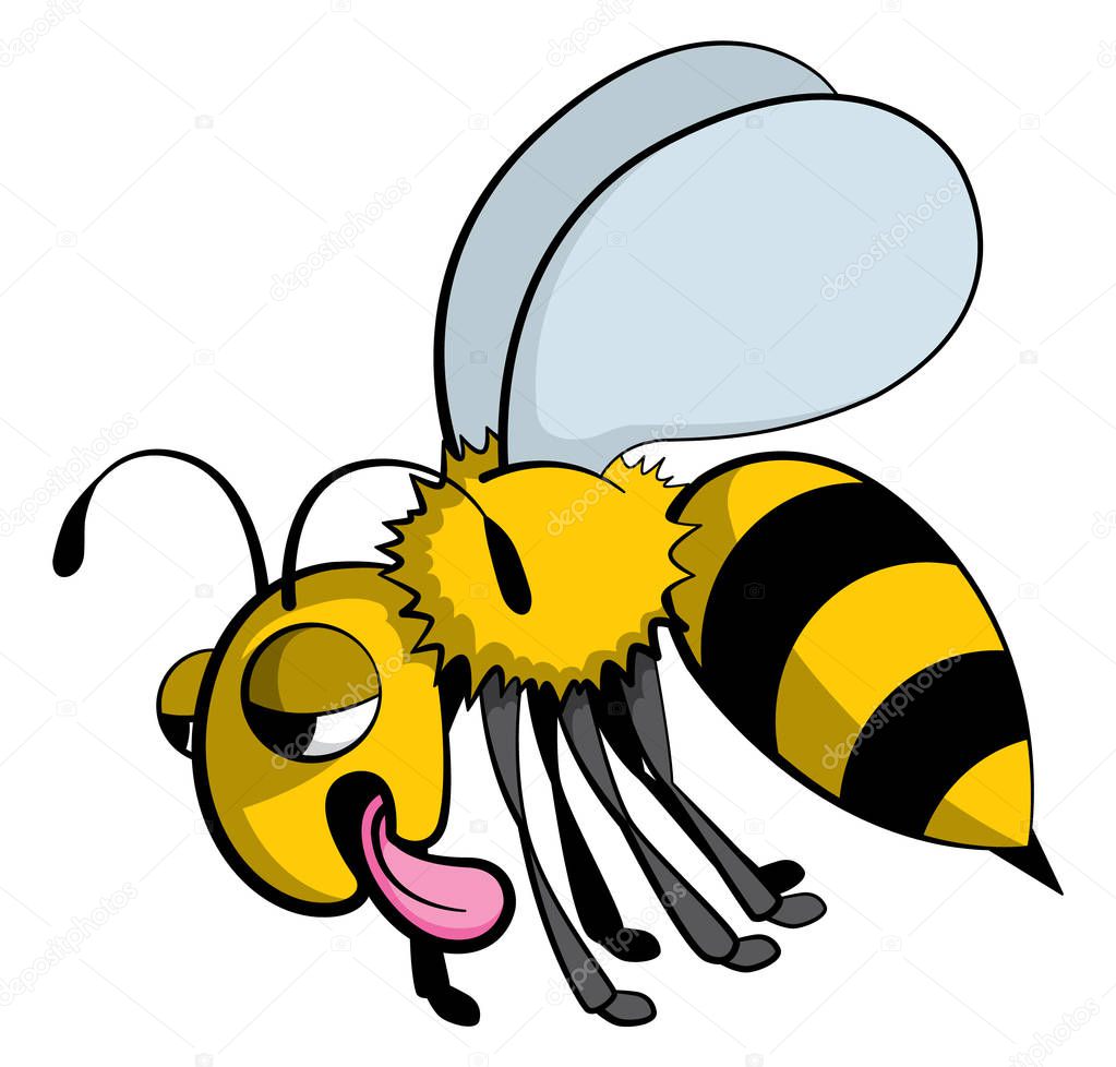 Cartoon style illustration of a bee character that has had a long day and is exhausted, hungry and thirsty.