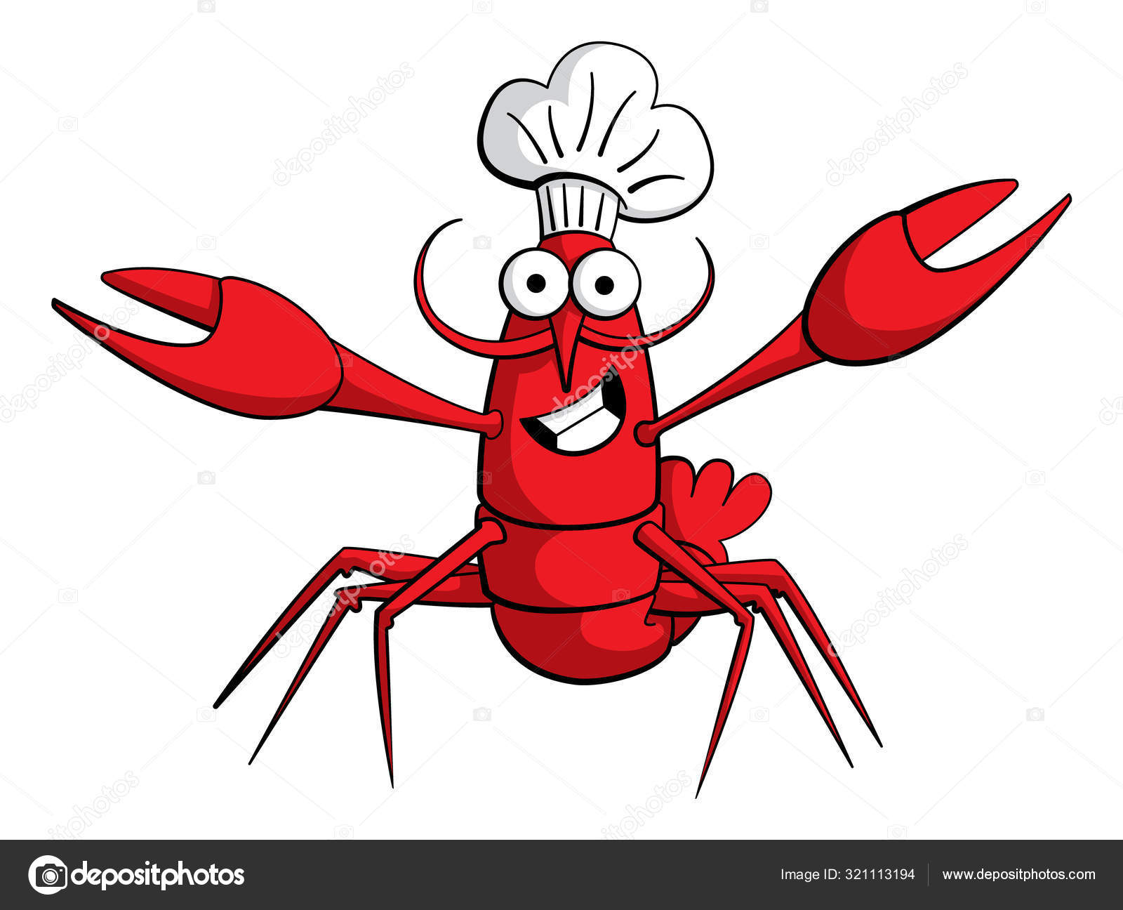 Cartoon Style Illustration Lobster Crayfish Character Moustache Smiling Wearing Chef's Stock