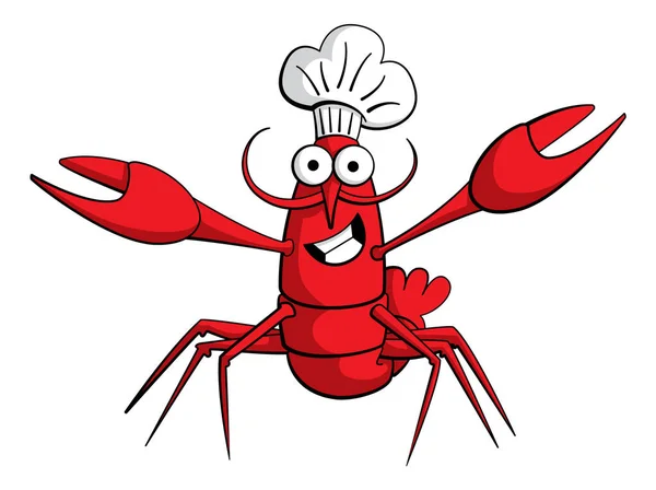 Bir ıstakoz ya da bıyıklı kerevit karakterinin çizgi film tarzı çizimi. O gülümsüyor ve bir şef şapkası giyiyor. Sevimli bir şef çizgi film karakteri..