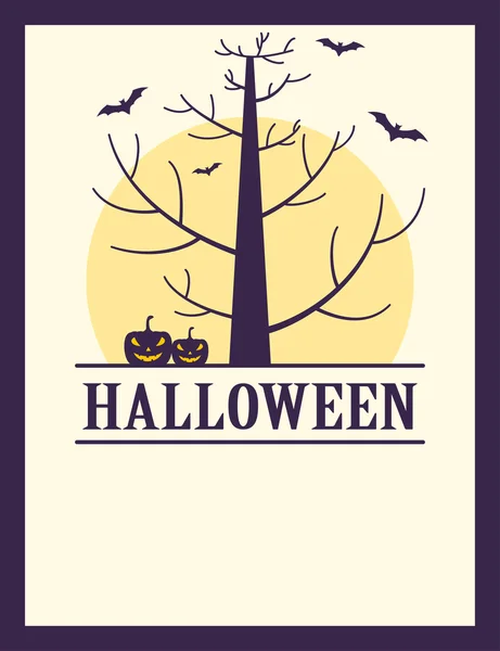 Vintage Halloween árbol espeluznante, calabazas y murciélagos cartel — Vector de stock