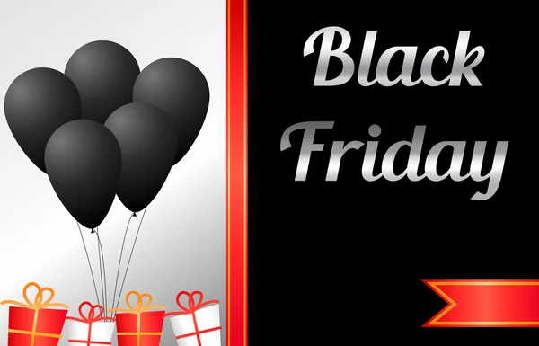 Zwarte vrijdag verkoop banner met ballonnen en geschenkverpakkingen — Stockvector