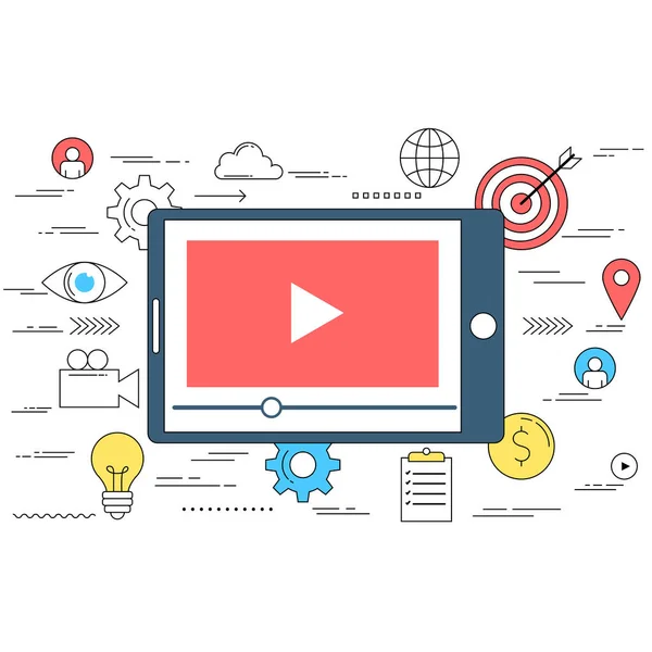 Video marketing concetto linea stile illustrazione — Vettoriale Stock