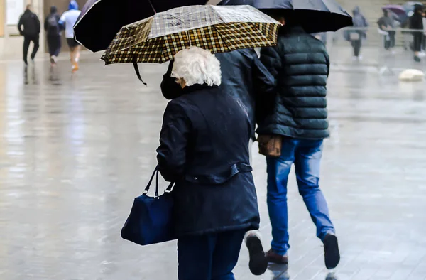 Les Gens Marchent Sous Pluie Avec Des Parasols — Photo