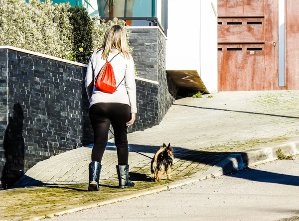 Blond Woman Red Backpack Walking Puppy — ストック写真