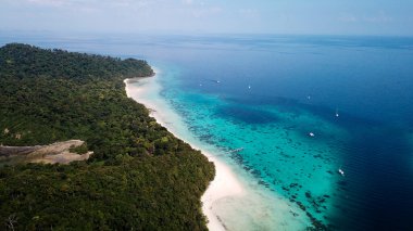 Tayland 'da Koh Rok' un insansız hava aracı çekimi, turkuaz mercan resifli güzel beyaz plaj.