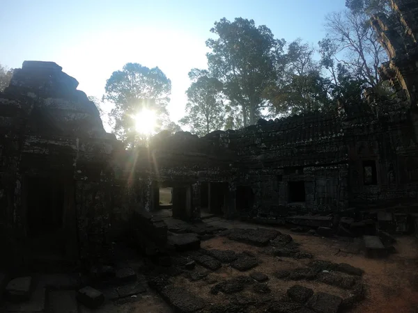 アンコールワットの寺院遺跡の上に輝く太陽の広い角度の画像、木の上にカンボジア — ストック写真