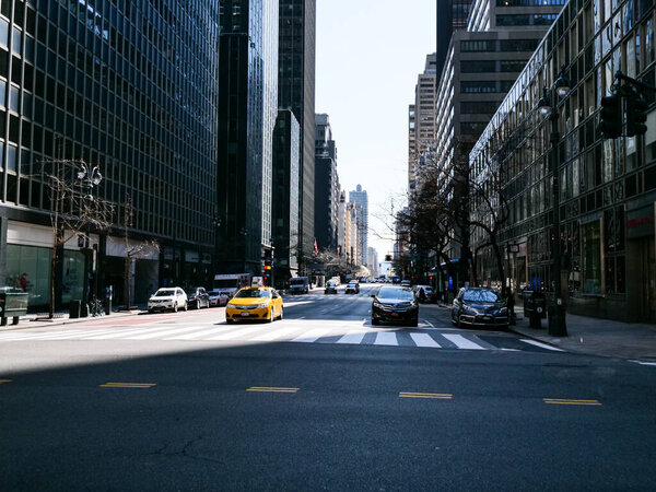 New York, United States, USA March 26, 2020: new york streets nearly completly empty during coronavirus, covid 19 outbreak in march and april