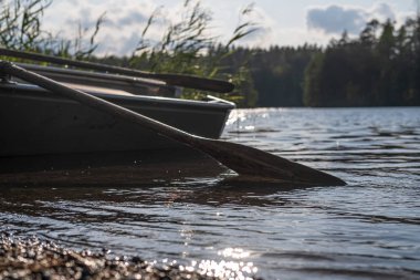 Sudaki ahşap bir küreğin bıçağı, ve sapı, güzel bir orman gölünün kıyısına demirlenmiş olan tekneye bağlı, bir yaz günü,.